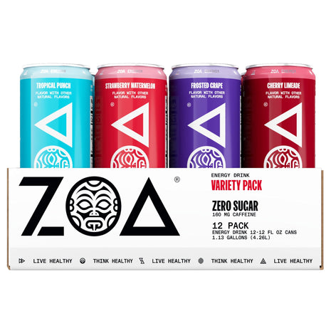 ZOA Zero Sugar Energy Drink Variety Pack, four Flavors, 12 Pack, 12 Fl Oz | Better for You Sugar Free Energy Drink with Plant Based Caffeine, Electrolytes, Vitamin B and C helping support hydration