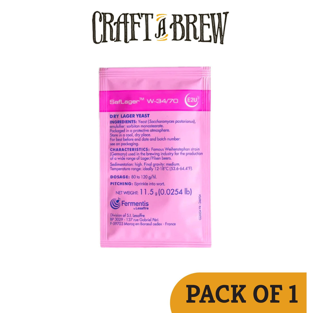 Craft A Brew - SafLager W-34/70 Yeast - German Lager Dry Yeast - For Craft Lagers - Ingredients for Home Brewing - Beer Making Supplies - [1 Pack]