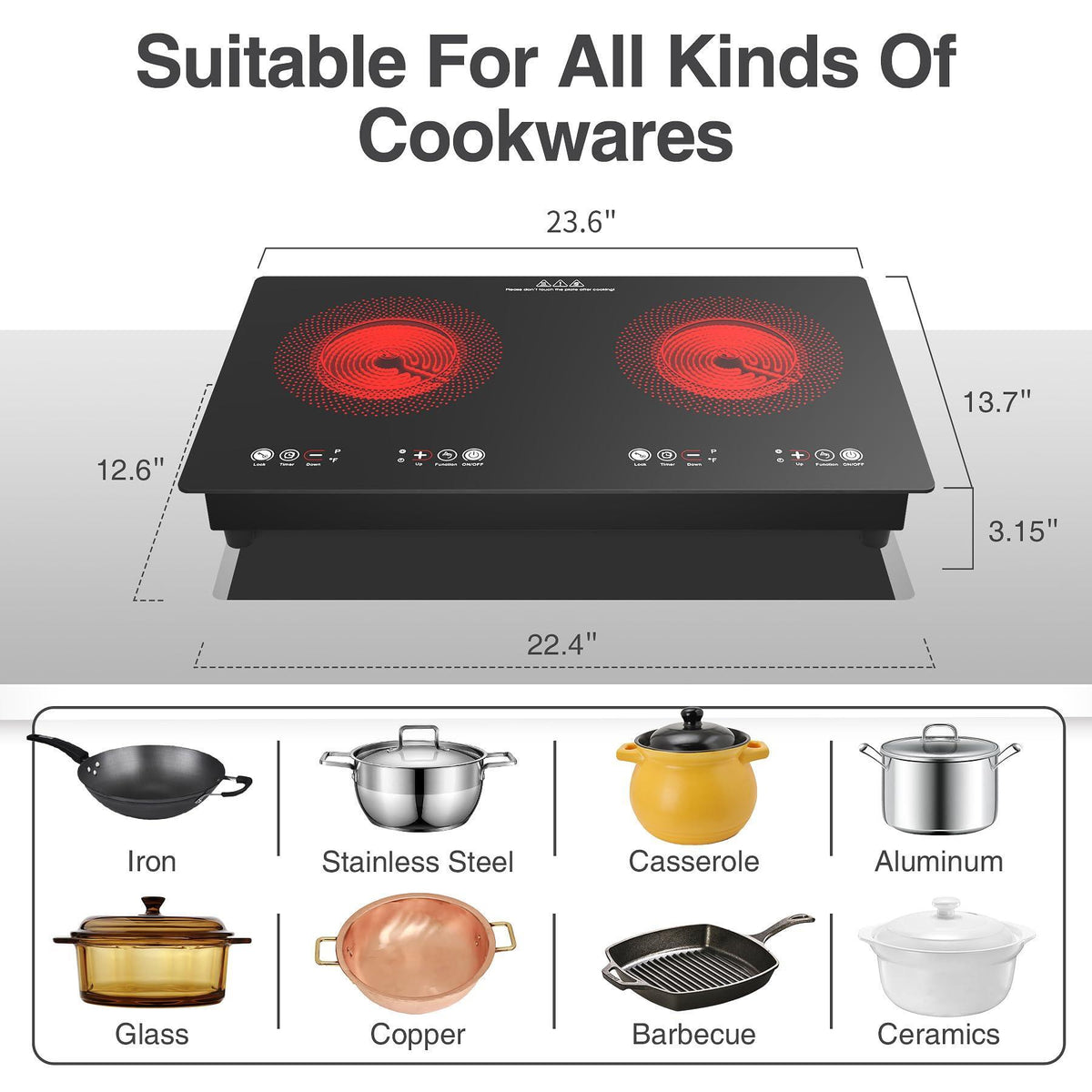 VBGK Electric cooktop,110V 24 inch 2 Burner Electric Cooktop,Built-in and Countertop Stove Top,2200W Stove,9 Power Levels, Kids Lock & Timer,LED touch control,Overheat Protection
