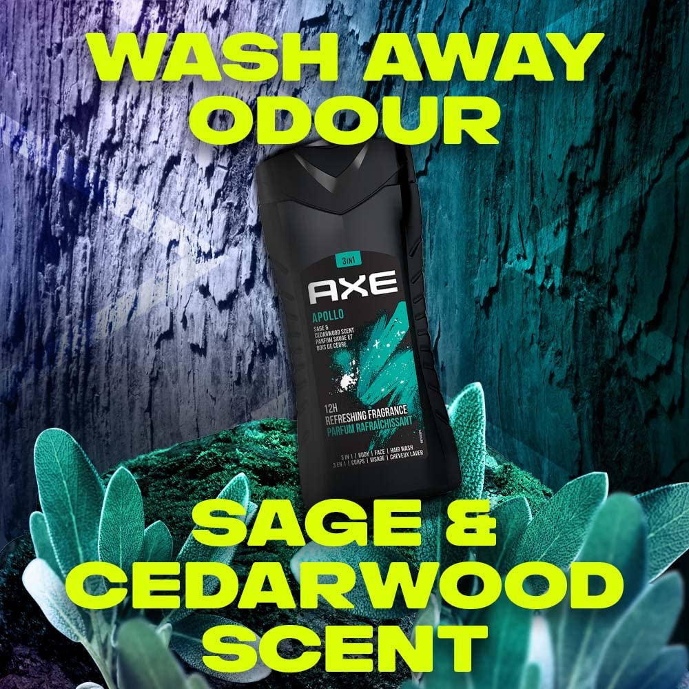 Axe Apollo 3 In 1 Body, Face & Hair Wash for Men, Long-Lasting Refreshing Sage & Cedarwood Fragrance for Up To 12hrs, Natural Origin Ingredients, No Parabens, Dermatologically Tested, 250ml