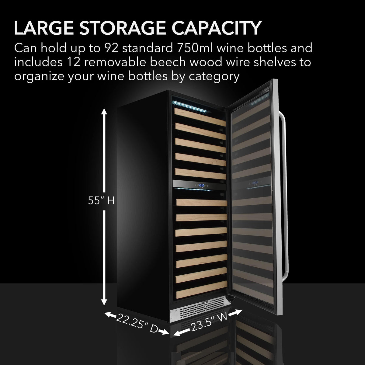 Whynter BWR-0922DZ 92 Wine Bottle Built-in or Freestanding Stainless Steel Dual Zone Compressor Large Capacity Refrigerator Rack for Open LED Display, Dark Grey-92 Grey