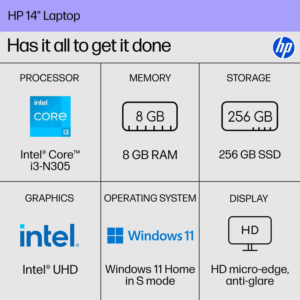 HP 14 inch Laptop, HD Display, Intel Core i3-N305, 8 GB RAM, 256 GB SSD, Intel UHD Graphics, Windows 11 Home in S Mode, Natural Silver, 14-ep0299nr