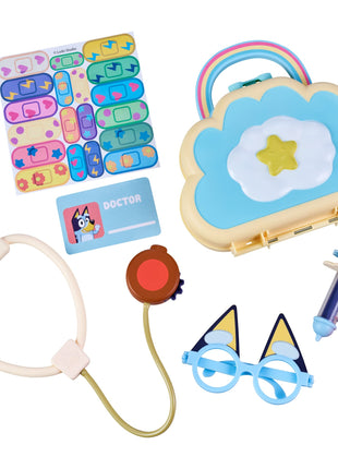 Bluey Cloud Bag Doctor Playset, 7 Pretend Check-Up Accessories | Portable medical kit with stethoscope, badge & Dr. Bluey glasses; toddler toy for kids ages 3+