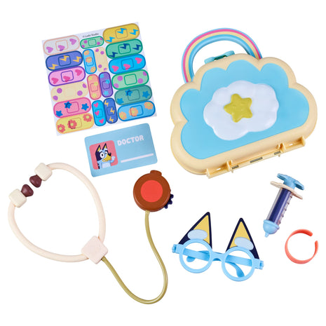 Bluey Cloud Bag Doctor Playset, 7 Pretend Check-Up Accessories | Portable medical kit with stethoscope, badge & Dr. Bluey glasses; toddler toy for kids ages 3+