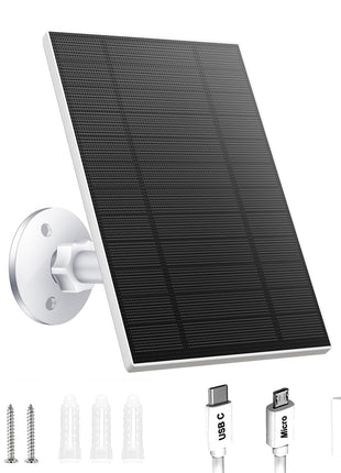 5W Solar Panel for Security Camera, Solar Panel with Micro USB & USB-C Port for DC 5V Outdoor Rechargeable Battery Camera, IP65 Waterproof, 360° Adjustable Security Mount, 9.8ft Cable(White 1PC)