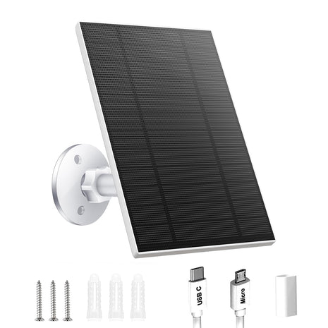 5W Solar Panel for Security Camera, Solar Panel with Micro USB & USB-C Port for DC 5V Outdoor Rechargeable Battery Camera, IP65 Waterproof, 360° Adjustable Security Mount, 9.8ft Cable(White 1PC)