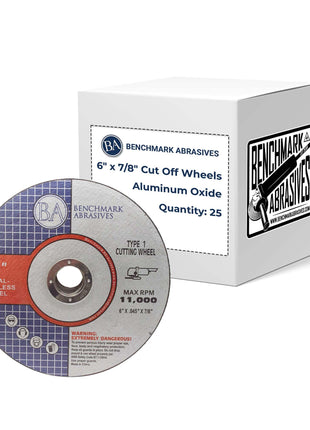 Benchmark Abrasives 6 Inch Aluminum Oxide Thin Type 1 Grinder Cut Off Wheels for Metal and Stainless Steel .045 inch Thick 7/8 inch Arbor, Angle Grinder Cutting Disc, Grinding Cutting Wheel - 25 Count