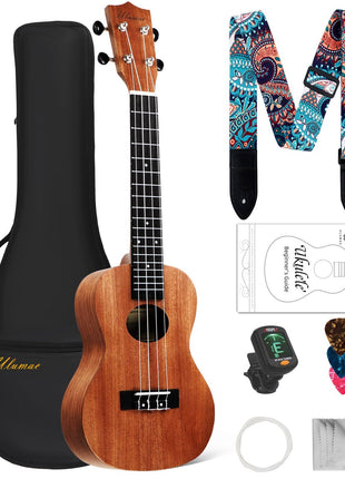 Ulumac Concert Ukulele, Solid Mahogany 23inch Ukelele for Adults Kids Beginner with Gig Bag, Digital Tuner, Replacing Strings, 3 Guitar Picks, Strap, Cloth