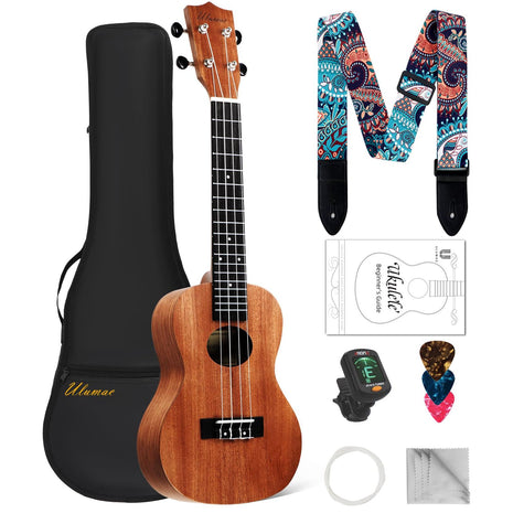 Ulumac Concert Ukulele, Solid Mahogany 23inch Ukelele for Adults Kids Beginner with Gig Bag, Digital Tuner, Replacing Strings, 3 Guitar Picks, Strap, Cloth