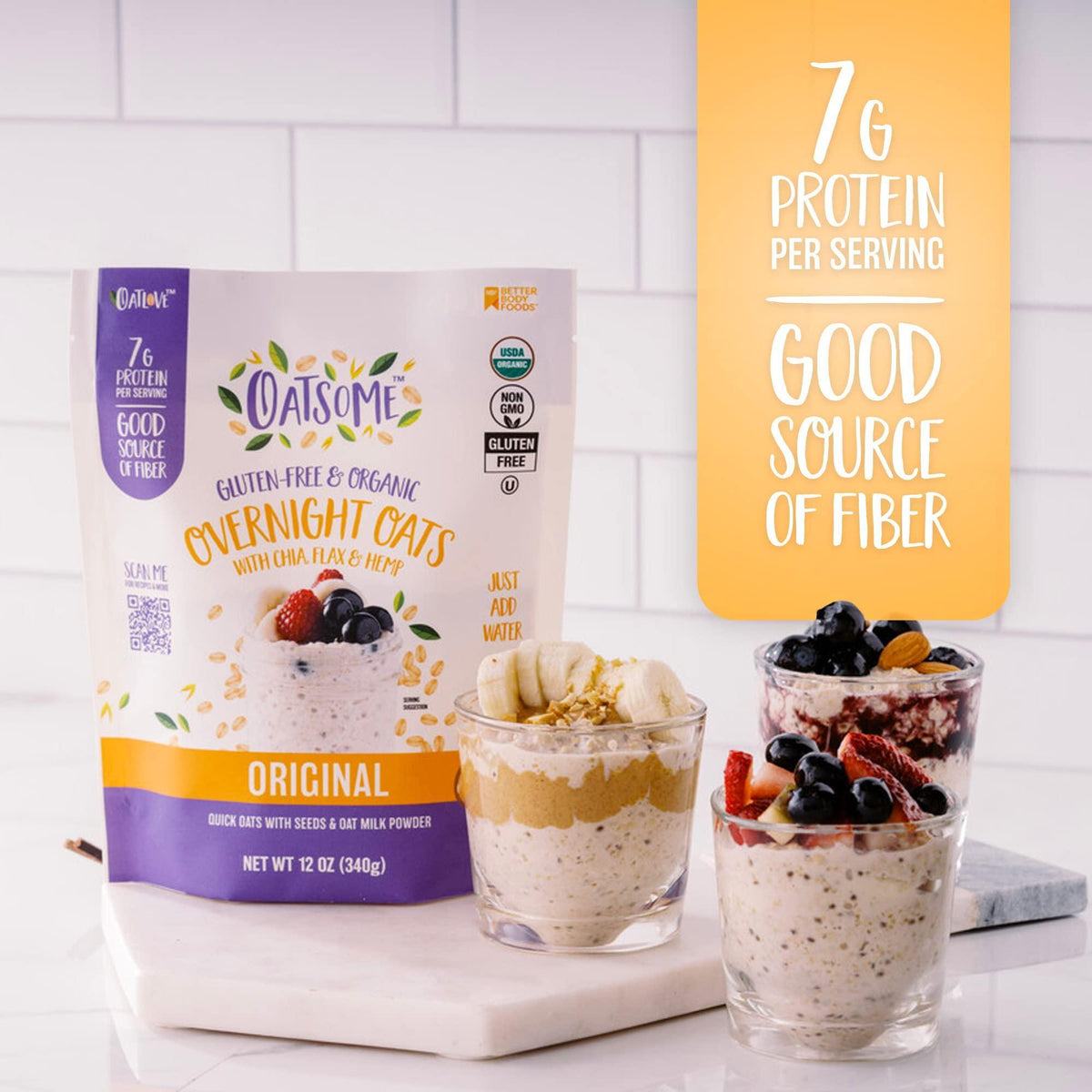 Oatsome Organic Overnight Oats with Chia, Flax, & Hemp, Gluten-Free Oatmeal with 7g of Protein, 2 lb 8 oz (40oz) Bag