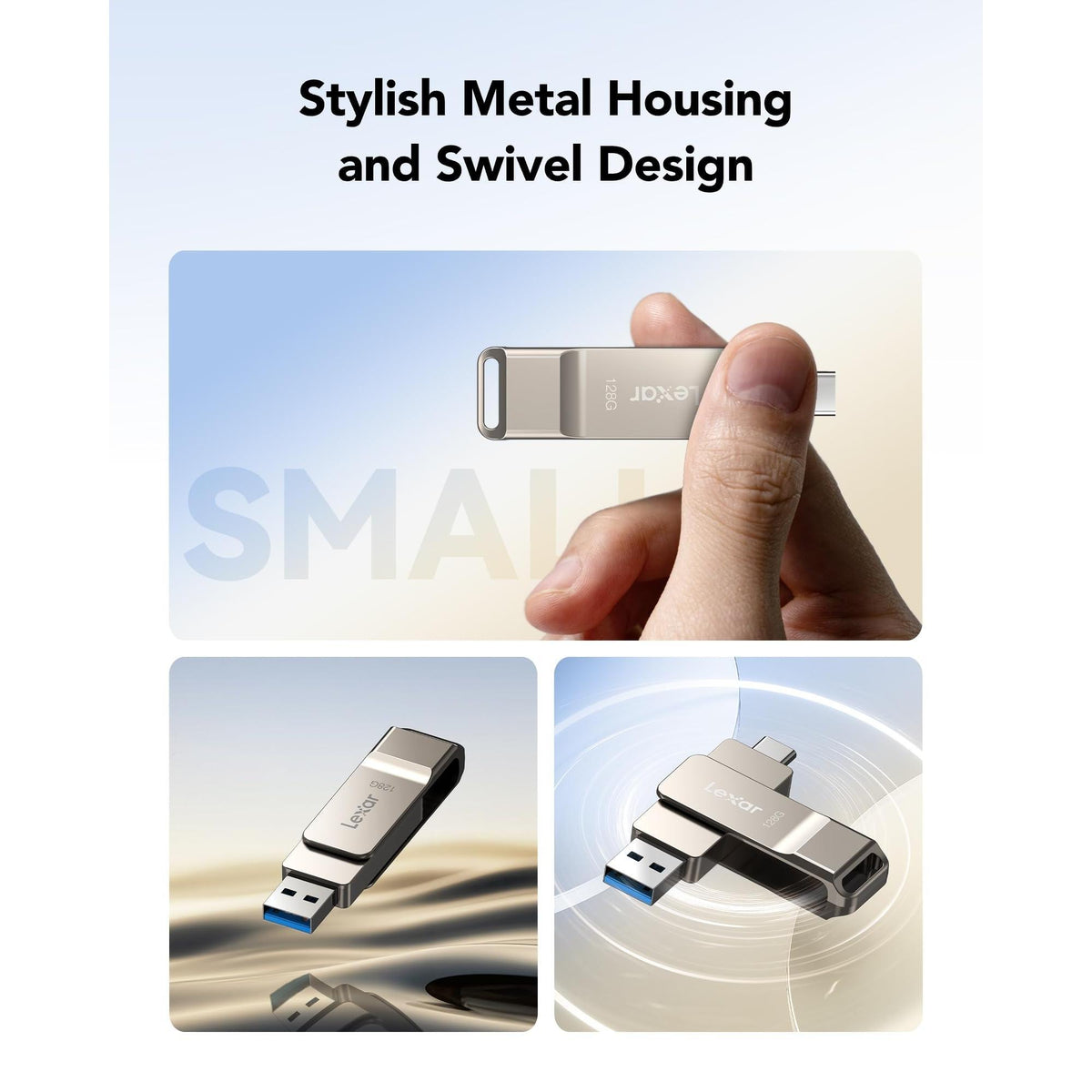 Lexar D40E 128GB Dual USB 3.2 Gen 1 Type-C Jump Drive, USB-C Flash Metal Housing Swivel Design Thumb Drive
