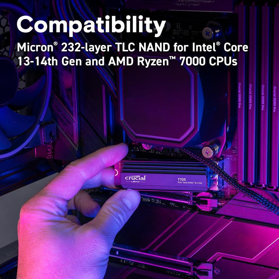 Crucial T705 2TB PCIe Gen5 NVMe M.2 SSD with Heatsink - Up to 14,500 MB/s - Game Ready - Internal Solid State Drive (PC) - +1mo Adobe CC - CT2000T705SSD5