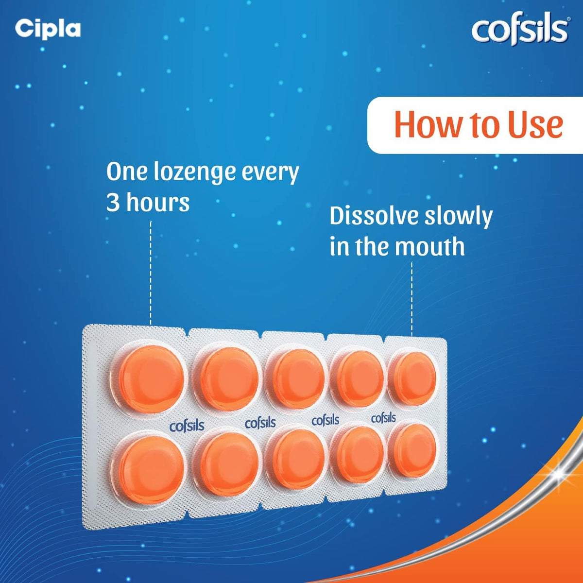 Cipla Cofsils Lozenges (100 Lozenges) | Orange Flavour | Quick Relief from Sore Throat, Itchy Throat and Scratchy Throat (10 x 10 Strips)