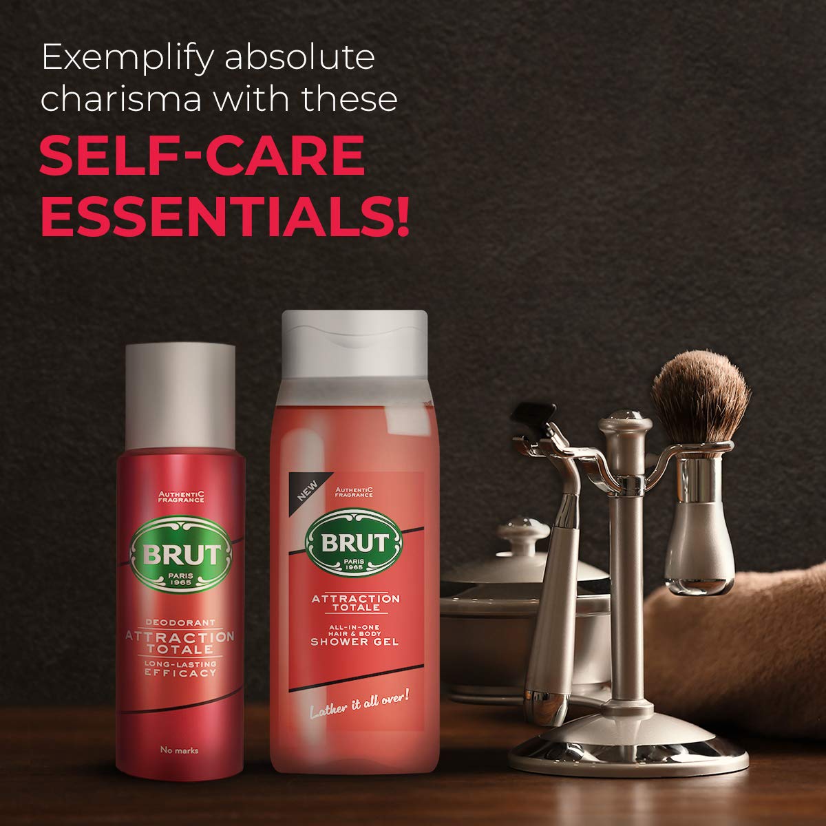 Brut Attraction Deodorant 200ml + Brut Attraction Total All - In- one Hair & Body Shower Gel 500ml