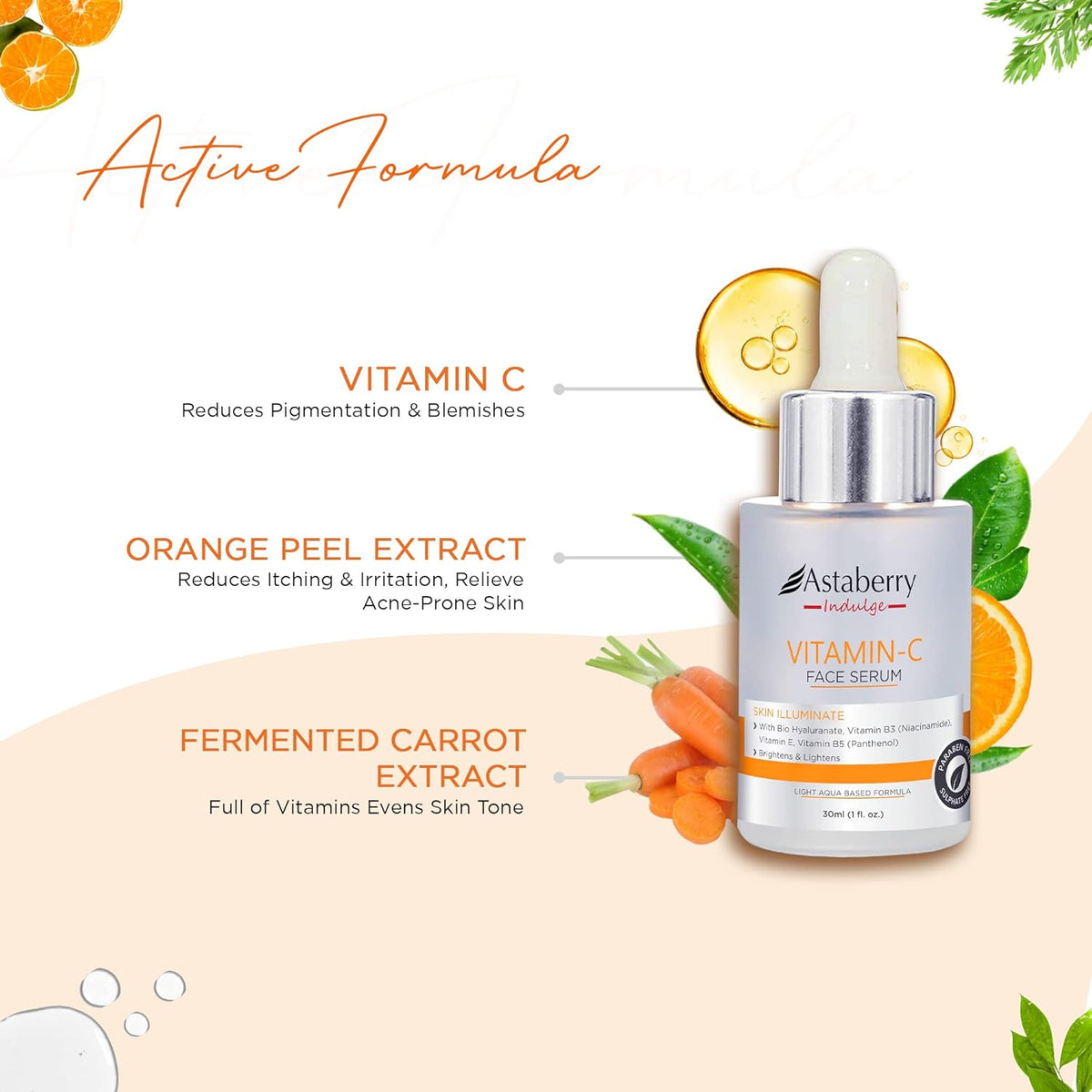 Astaberry Indulge Vitamin C Face Serum for Brighten Skin with Orange Peel Extract | For even skin tone | Hydrates the skin | With Bio Hyaluronate | Vitamin B3 & Vitamin E- Net content -30 ml