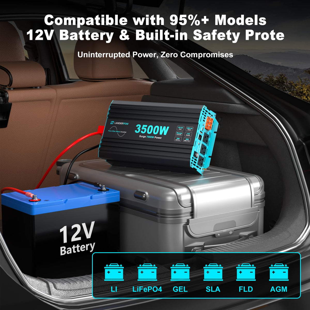 LANDERPOW Pure Sine Wave 3500W Power Inverter 12V DC to 120V AC for RV, Truck, Home, Off-Grid, Solar, Inverter with 3 AC Outlet, 30W USB-C, 5V 3.1A USB, Hardwire Port, 15FT Remote Control, Surge 7000W