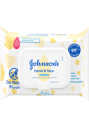 Johnson's Baby Disposable Hand & Face Cleansing Wipes, Pre-Moistened Wipes Gently Remove 99% of Germs & Dirt from Delicate Skin, Paraben-, Phthalate- & Alcohol-Free, Hypoallergenic, 25 Count