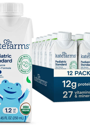 KATE FARMS Organic Plant Based Pediatric 1.2 Sole Source Vanilla Nutrition Shake, 12g of protein, 27 Vitamins and Minerals, Meal Replacement Drink for Kids, Non-GMO, 8.45 Fl oz (Pack of 12)