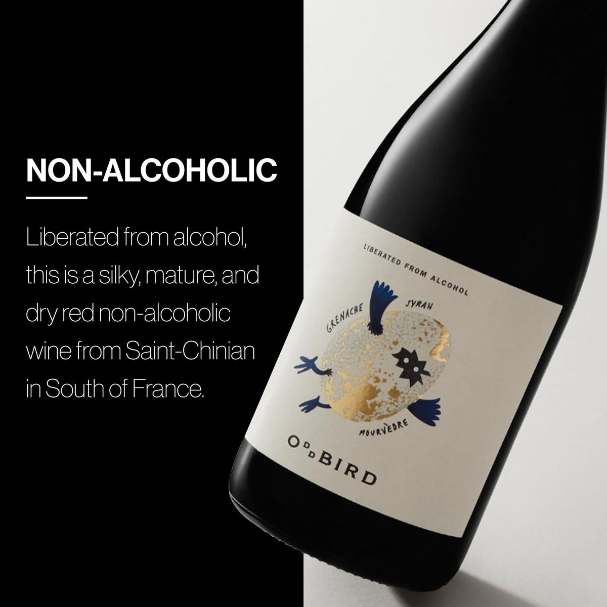 Oddbird GSM Non Alcoholic Red Wine, Gluten Free, Non-Alcoholic Dry Red Wine, Zero Proof with Dealcoholized Grapes from South of France, Acidic Earthy Notes with Fruit Touches. 25.4 fl oz Bottle