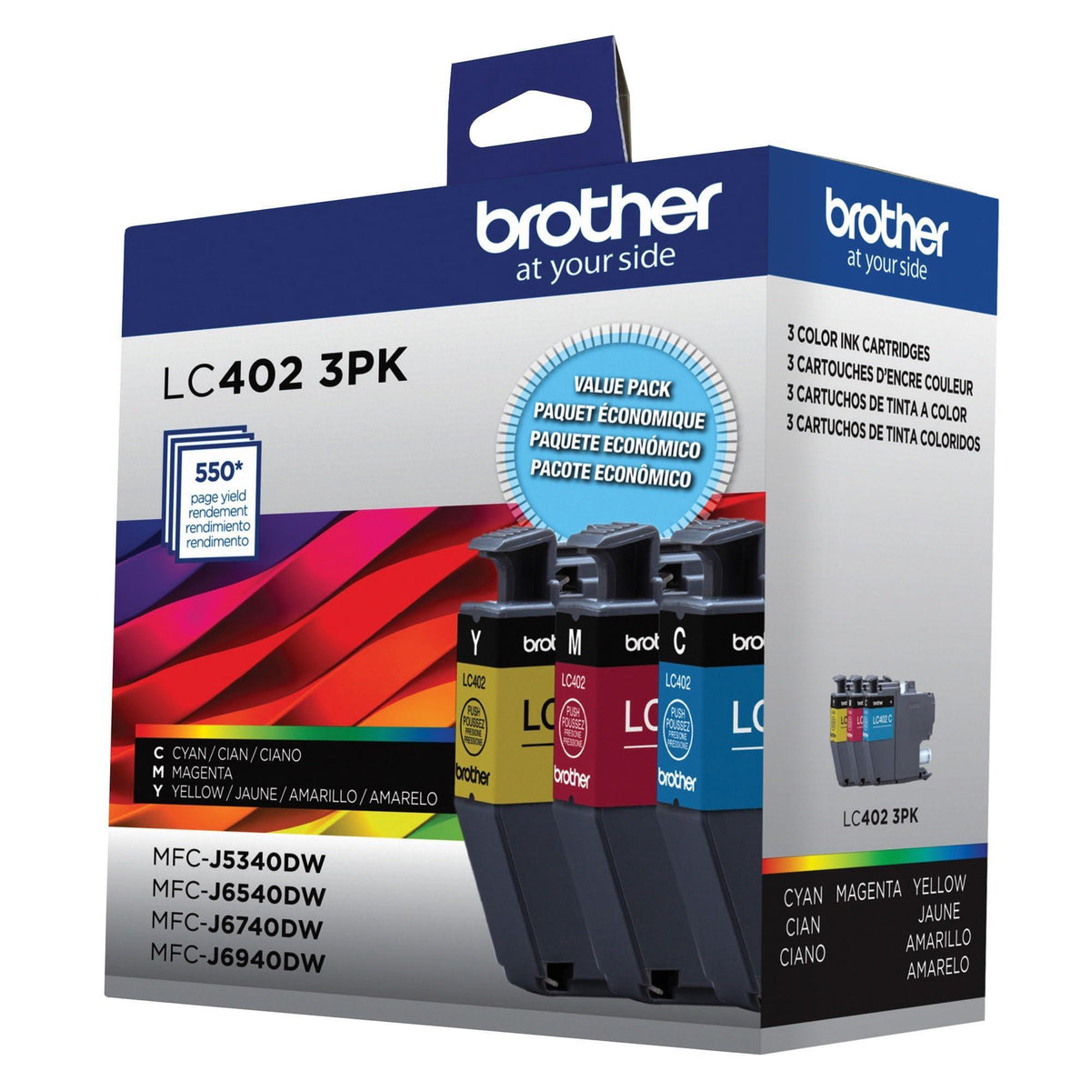 Brother Genuine LC402 3PK 3-Pack of Standard Yield Cyan, Magenta and Yellow Ink Cartridges, Black