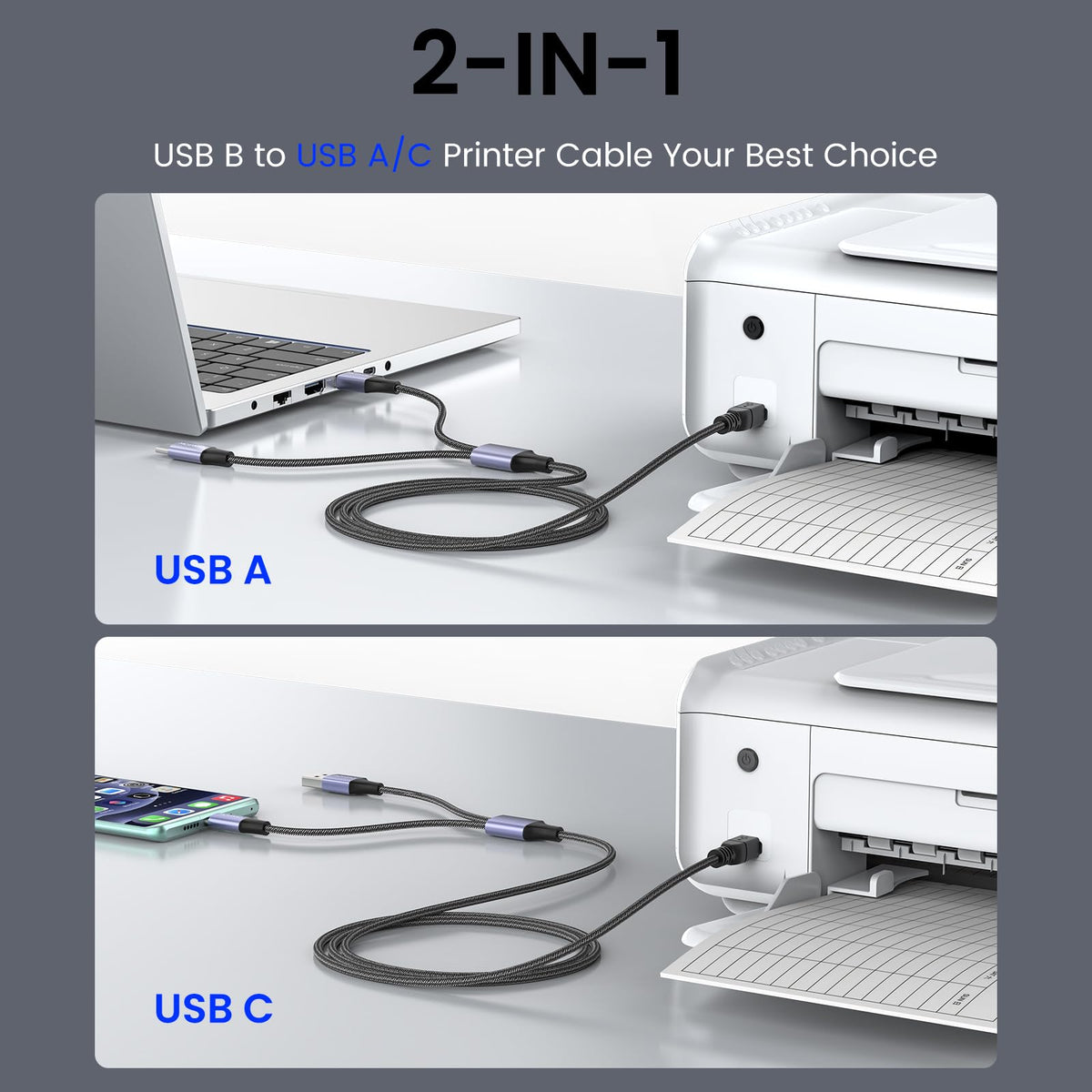 MOSWAG 2in1 USB Printer Cable 3.28FT/1M with USB C to MIDI Cable Printer Cable,USB MIDI Cable USB C to USB B MIDI Cable,Cable,Compatible with Music Instrument,Piano,Midi Keyboard,USB Microphone