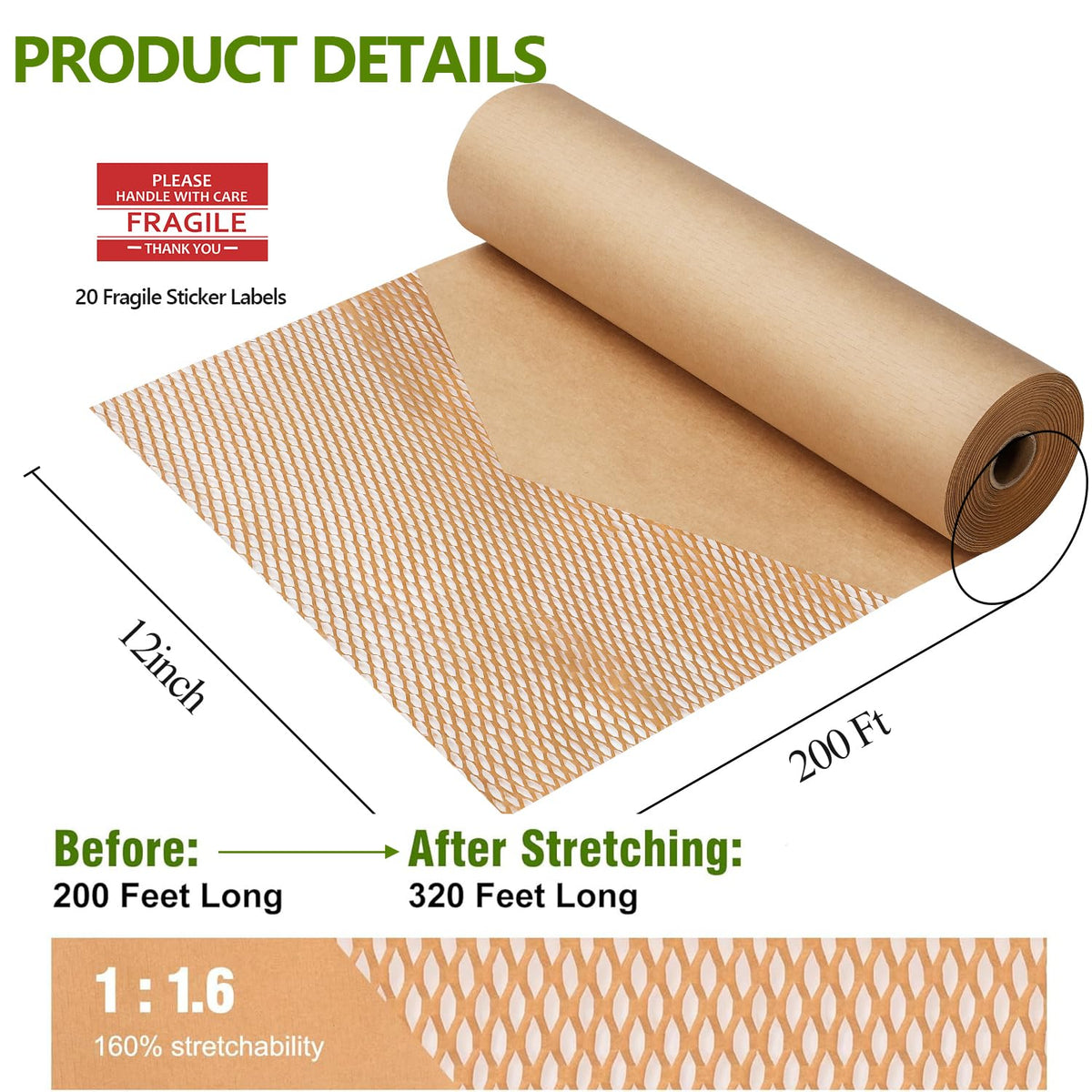 Honeycomb Packing Paper,12" W x 200' L Bubble Cushioning Wrap for Moving,Products & Gifts Wrapping Paper,Recyclable and Biodegradable Cushioning Packing Material with 20 Fragile Sticker Labels