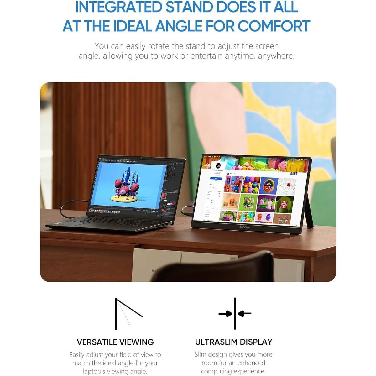 ARZOPA Portable Monitor 15.6'' FHD 1080P - Ultra-Slim Portable Laptop Monitor with Kickstand - IPS Display for PC, MAC, Phone, Xbox, PS5 - USB C & HDMI Connectivity - A1