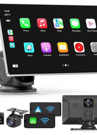 9" Wireless Apple Carplay Screen for Car,with 4K Dash Cam | and 1080p Backup Camera ,Apple Carplay & Android Auto with DVR,GPS Navigation Mirror Link,Bluetooth,FM, Siri