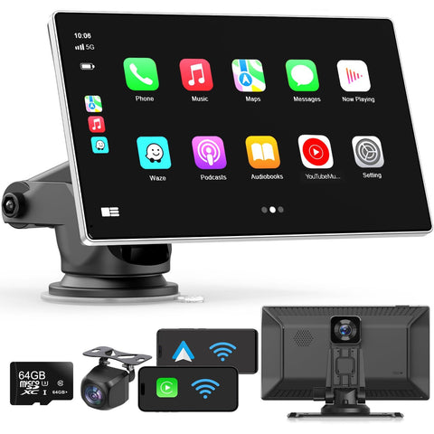 Portable Apple Carplay Screen for Car, 9 inch Wireless Apple Carplay & Android Auto,4K Dash Cam,1080p Backup Camera DVR,Car Audio Receivers GPS Navigation Mirror Link, Bluetooth,FM, Siri