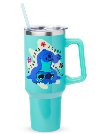 Silver Buffalo Disney Lilo and Stitch Aloha, Stainless Steel Tumbler, 40oz | Double Walled, Handle and Straw, Fits in Standard Cup Holder, Drinkware, Water Bottle, No Bad Days Chillin, Blue, 1.18 Liters