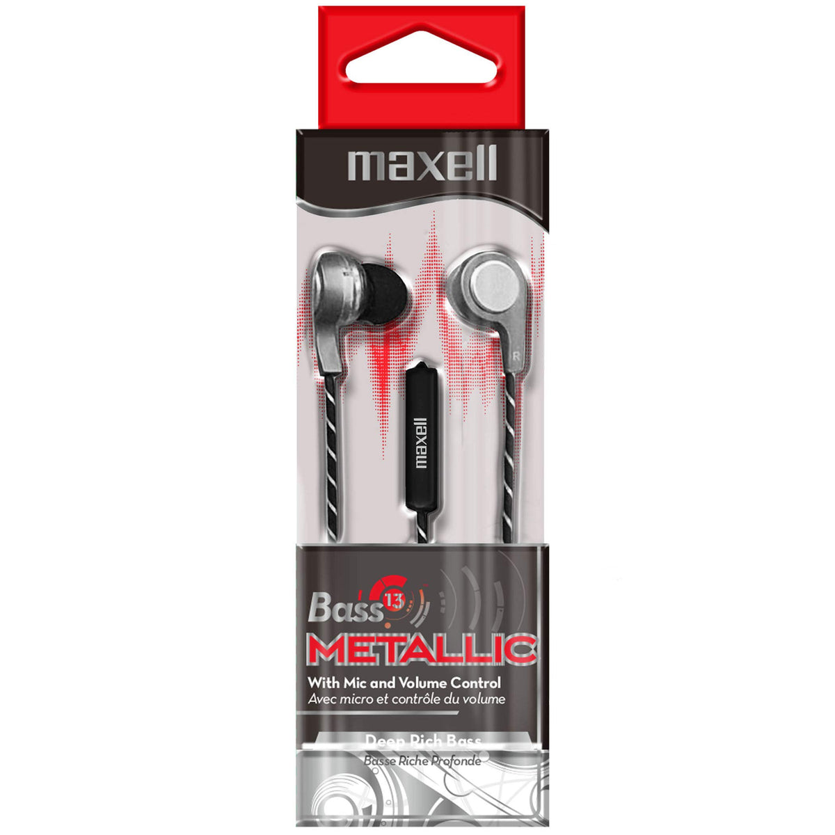Maxell Bass 13 Metallic Earbuds with Microphone, 4 Ft Cord, Silver