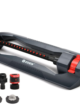 Eden 96213 Essential Turbo Oscillating Water Sprinkler, Covers Up to 3,600 sq. ft., 16 Nozzles, Weighted Base, Adjustable Range, Quick Connect Bundle, Dark Grey, Red, Silver