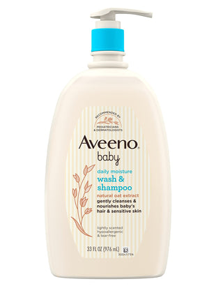 Aveeno Baby Daily Moisture Gentle Baby Body Wash and Shampoo with Oat Extract, 2-in-1 Baby Wash & Hair Shampoo, Tear-Free, pH Balanced for Sensitive Skin & Hair, Lightly Scented, Value Size 33 Fl Oz