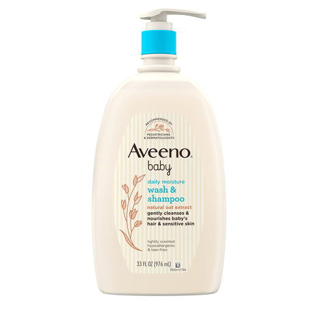 Aveeno Baby Daily Moisture Gentle Baby Body Wash and Shampoo with Oat Extract, 2-in-1 Baby Wash & Hair Shampoo, Tear-Free, pH Balanced for Sensitive Skin & Hair, Lightly Scented, Value Size 33 Fl Oz