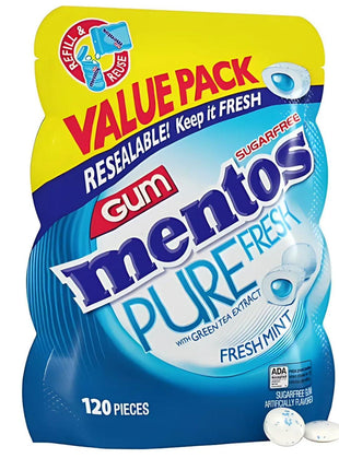 Mentos Pure Fresh Sugar Free Chewing Gum with xylitol, Fresh Mint, 120 Piece Bulk Resealable Bag (Pack of 1)