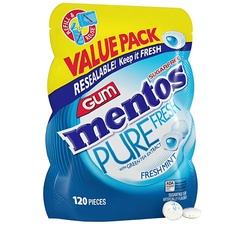 Mentos Pure Fresh Sugar Free Chewing Gum with xylitol, Fresh Mint, 120 Piece Bulk Resealable Bag (Pack of 1)