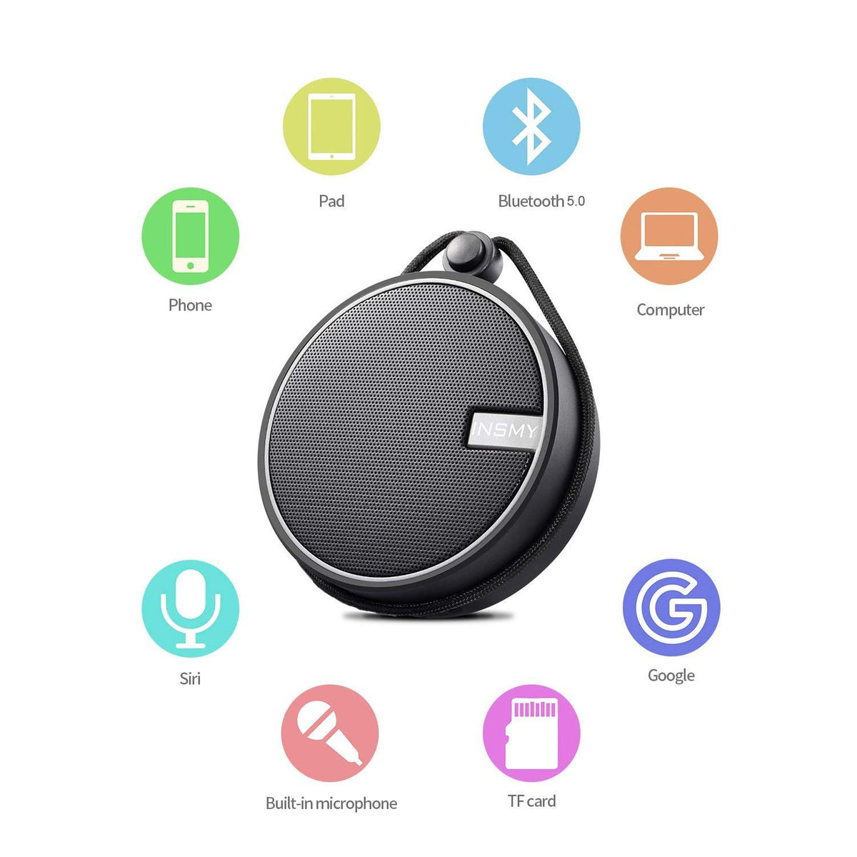 INSMY C12 IPX7 Waterproof Shower Bluetooth Speaker, Portable Small Speaker, Speakers Bluetooth Wireless Loud Clear Sound Support TF Card Suction Cup for Kayak Canoe Beach Gift (Black)