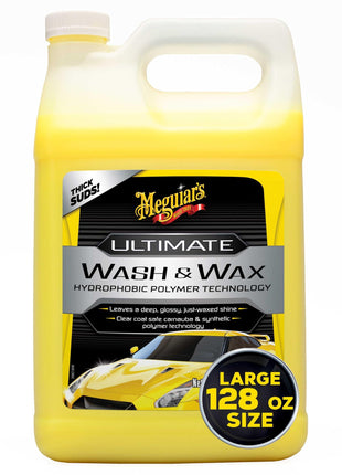 Meguiar's Ultimate Wash and Wax, Car Wash Soap and Wax Cleans & Shines in One Step, Shine & Protect with an Enhanced pH Balanced Car Paint Cleaner, 1 Gallon