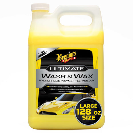 Meguiar's Ultimate Wash and Wax, Car Wash Soap and Wax Cleans & Shines in One Step, Shine & Protect with an Enhanced pH Balanced Car Paint Cleaner, 1 Gallon