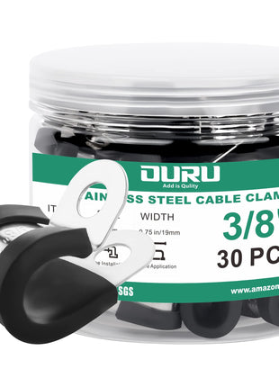30pcs 3/8 Inch Stainless Steel Cable Clamps,Rubber Coated Cushioned Insulated Cable Clamp,Automotive Cable Wire Clamps,Pipe Clamps,Metal Clamp for Tube,Lines,Wire Cord Installation(Black,10mm)