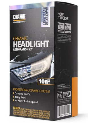 CERAKOTE® Ceramic Headlight Restoration Kit – Guaranteed To Last As Long As You Own Your Vehicle – Brings Headlights Back to Like New Condition - No Power Tools Required - 10 Wipe Kit
