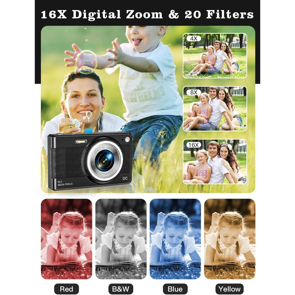 Upgrade Digital Camera, 56MP FHD 1080P for Kids with 16x Zoom Anti Shake, 32GB TF Card, Two Batteries, Lanyard, Compact Small for Boys Girls （Black）