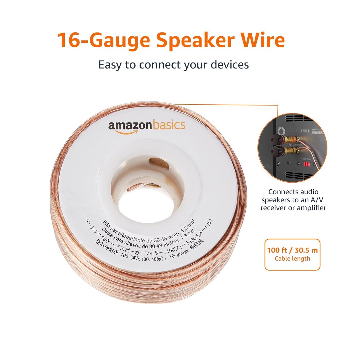 Amazon Basics Speaker Cable, Easy Assembly, 16-Gauge, Bronze, 100 ft