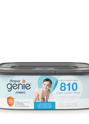 Diaper Genie Jumbo Square Refill, with Continuous Film, can Hold up to 810 Newborn-Sized Diapers per Refill.