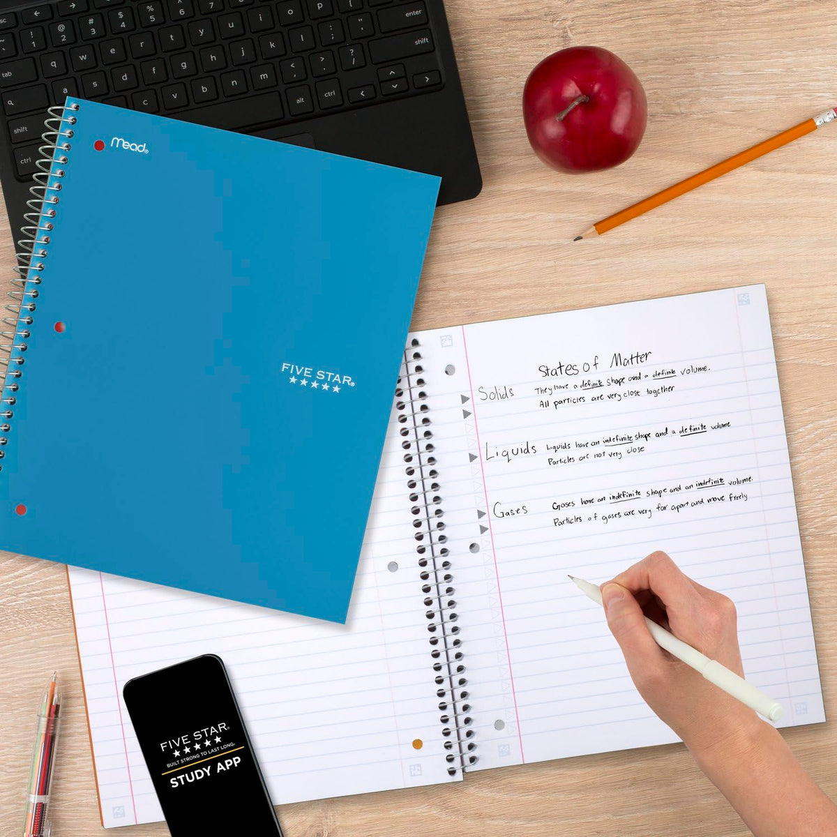 Five Star Spiral Notebook + Study App, 3 Subject, Wide Ruled Paper, 8" x 10-1/2", 150 Sheets, Fights Ink Bleed, Water Resistant Cover, Tidewater Blue (73184)