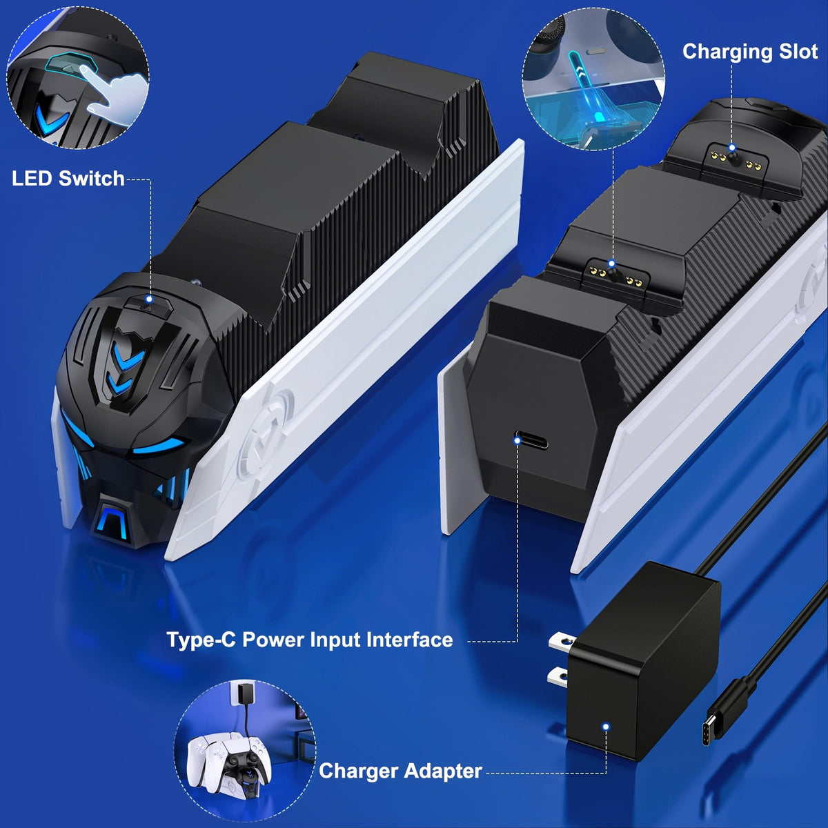 P5 Controller Charger Station for PlayStation 5 Dualsense Controllers: Fast Dual Controller Stand Charger Dock-LED P5 Charging Station Accessories for PlayStation 5 Storage Kit with AC Adapter