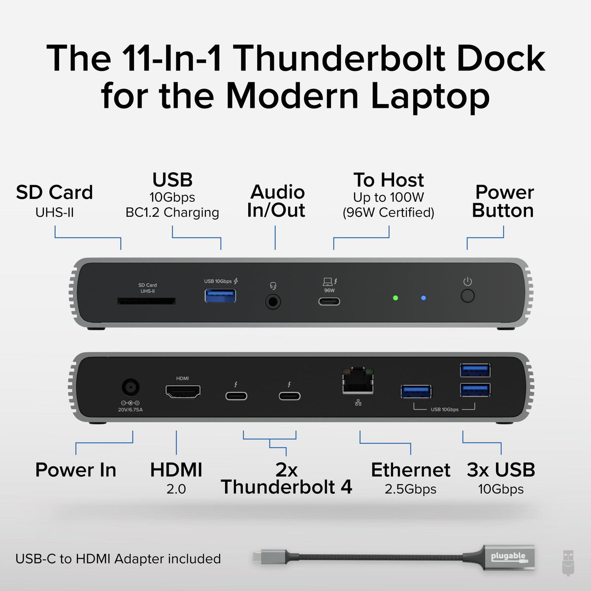 Plugable Thunderbolt 4 Dock with 100W Charging, Thunderbolt Certified, 3X Thunderbolt Ports, Laptop Docking Station Dual Monitor Single 8K or Dual 4K Monitor, 2.5G Ethernet, 1x SD, 4X USB