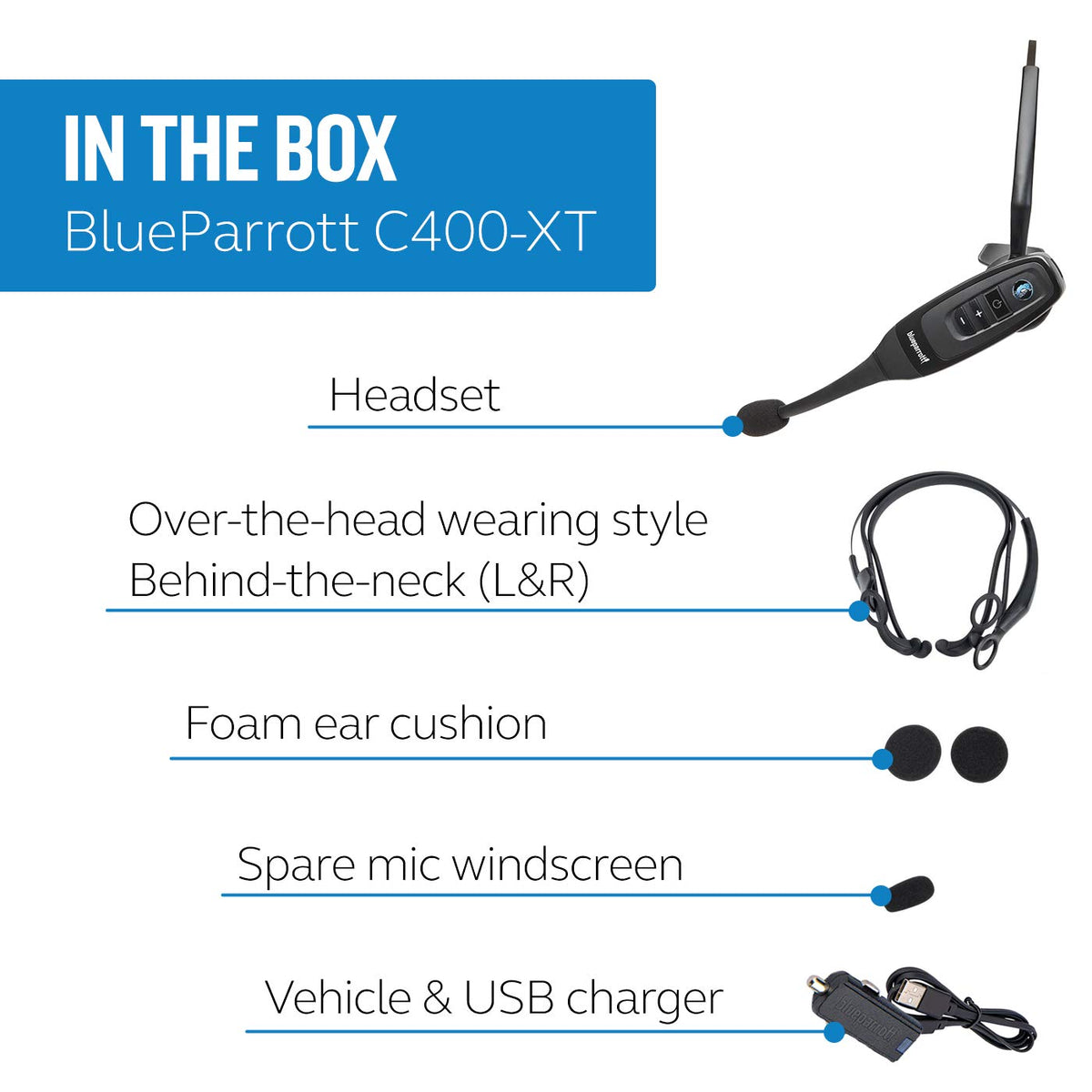 BlueParrott C400-XT Mono Bluetooth Wireless Headphones 96% Noise Canceling Trucker Headset with Mic, Convertible Over Head to Behind Neck Style with 300 ft. Wireless Range, 24 hrs. Talk Time, Black