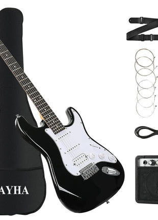 SAYHA Electric Guitar, 39 Inch Solid Full size Electric Guitar HSS Pickups Starter Kit Includes Amplifier, Bag, Digital Tuner, Strap, String, Cable, Picks Black