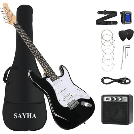 SAYHA Electric Guitar, 39 Inch Solid Full size Electric Guitar HSS Pickups Starter Kit Includes Amplifier, Bag, Digital Tuner, Strap, String, Cable, Picks Black